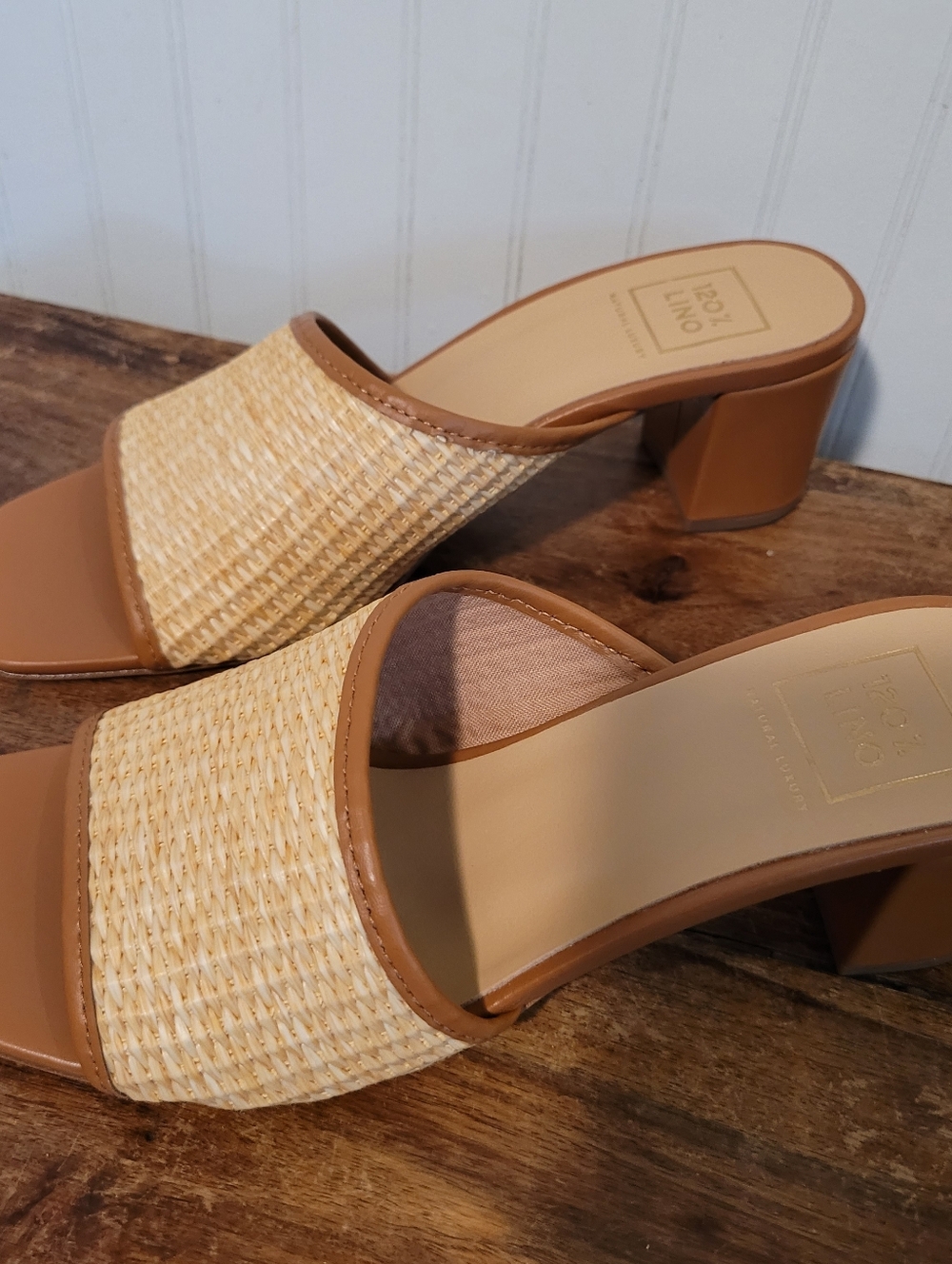 120% Lino Raffia Slide Sandals Block Heel  Size US 8.5 EU39  Tan Natural NWOB - Picture 4 of 10